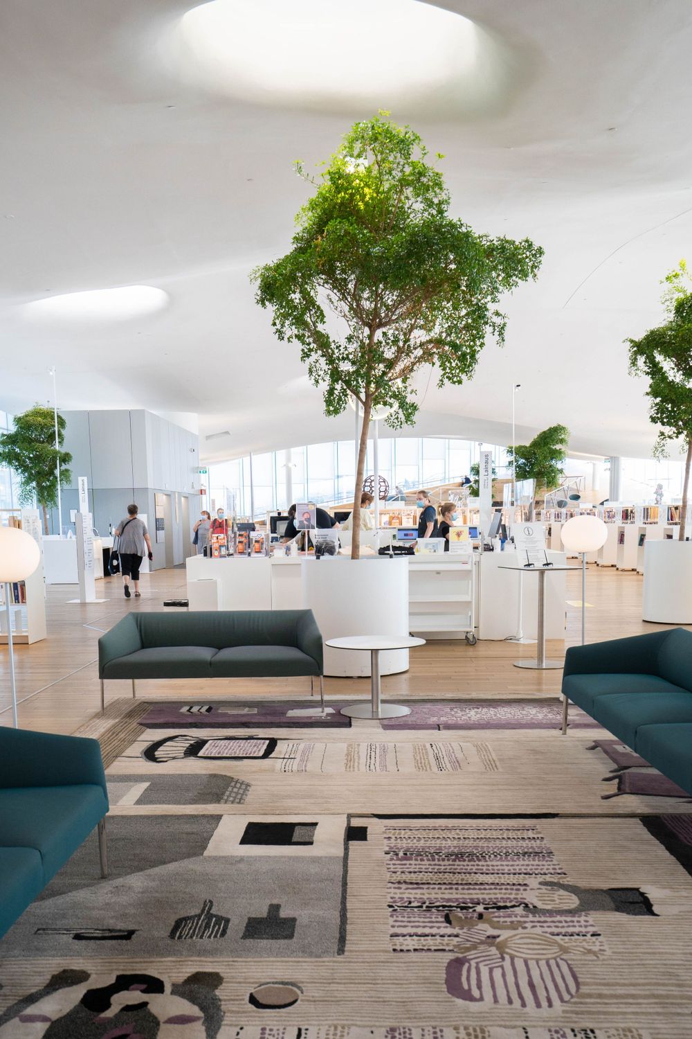 Modern library space with indoor trees, geometric carpet, and teal couches in an open floor plan.
