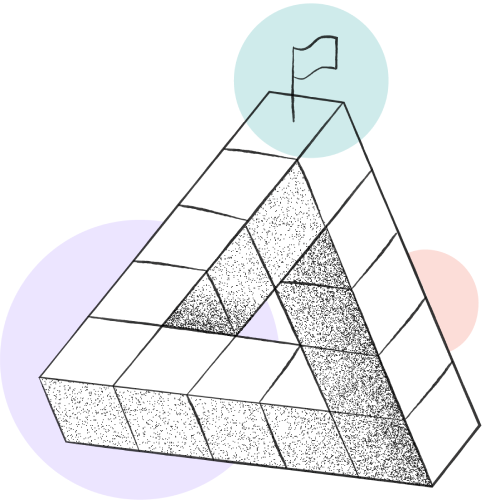 Impossible triangle optical illusion built from stacked blocks with a flag on top.
