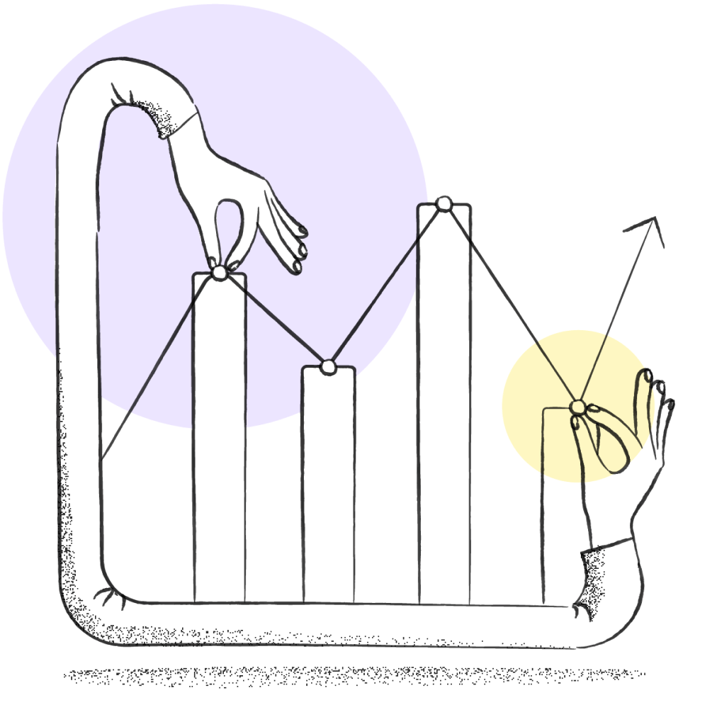 Abstract illustration of hands manipulating a bar graph chart representing data analysis and growth.