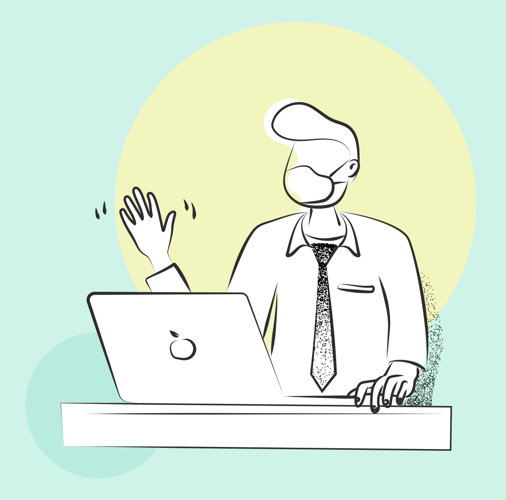 Cartoon businessman waving hello at laptop on desk with teal background.