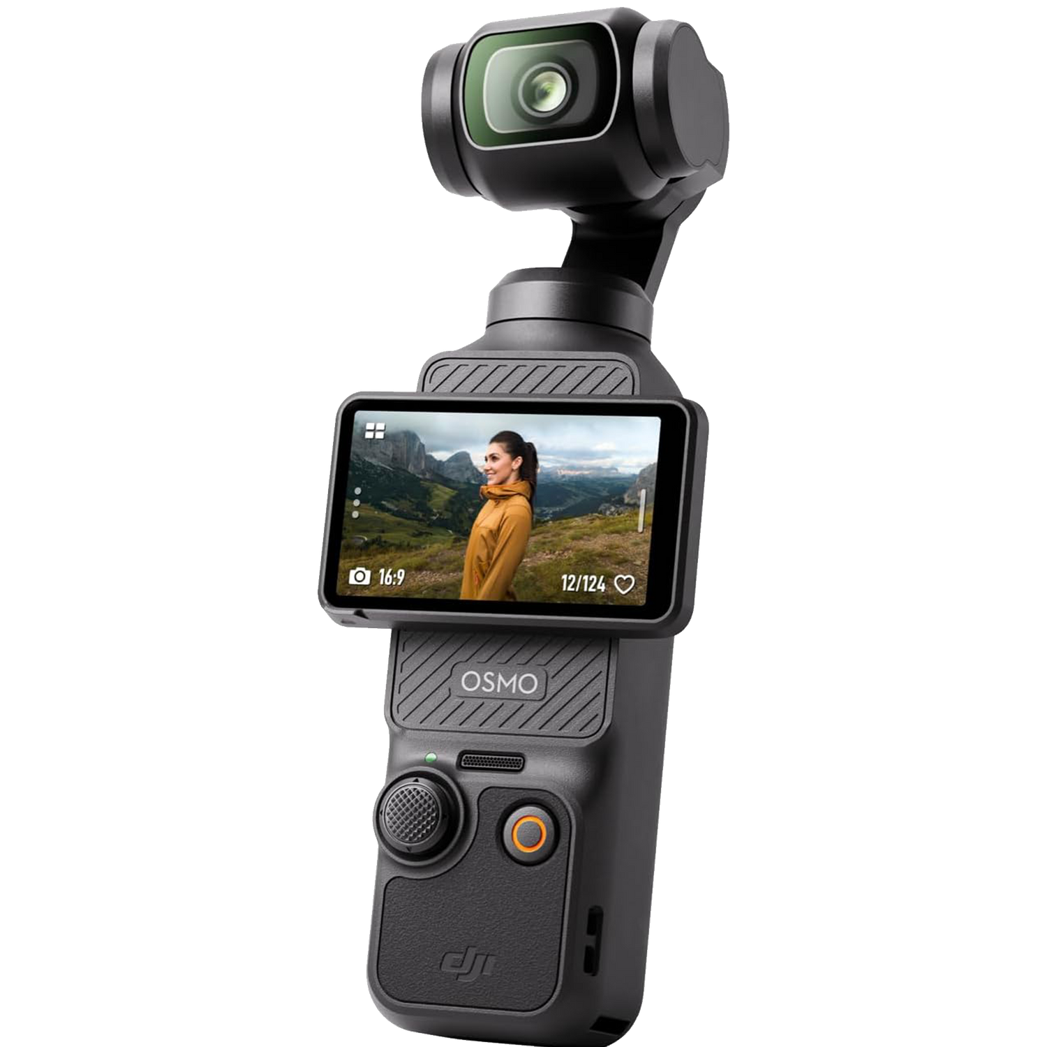 DJI OSMO Pocket 3 handheld camera with built-in gimbal and flip-out touchscreen display showing nature photography preview.