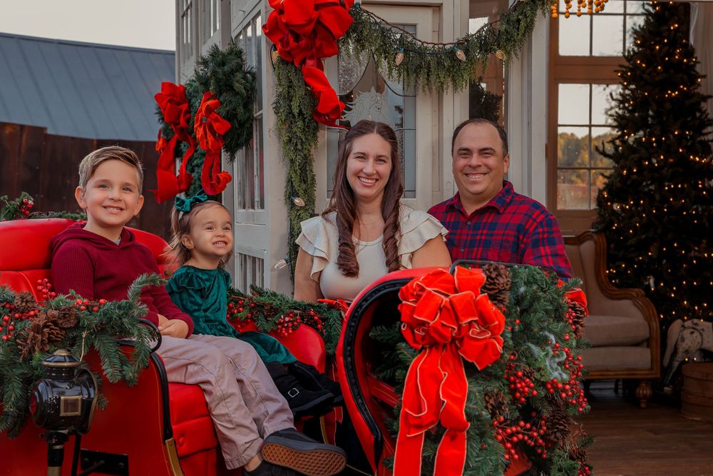 A festive holiday collage featuring Christmas decorations, red bows, and garland in a home setting.