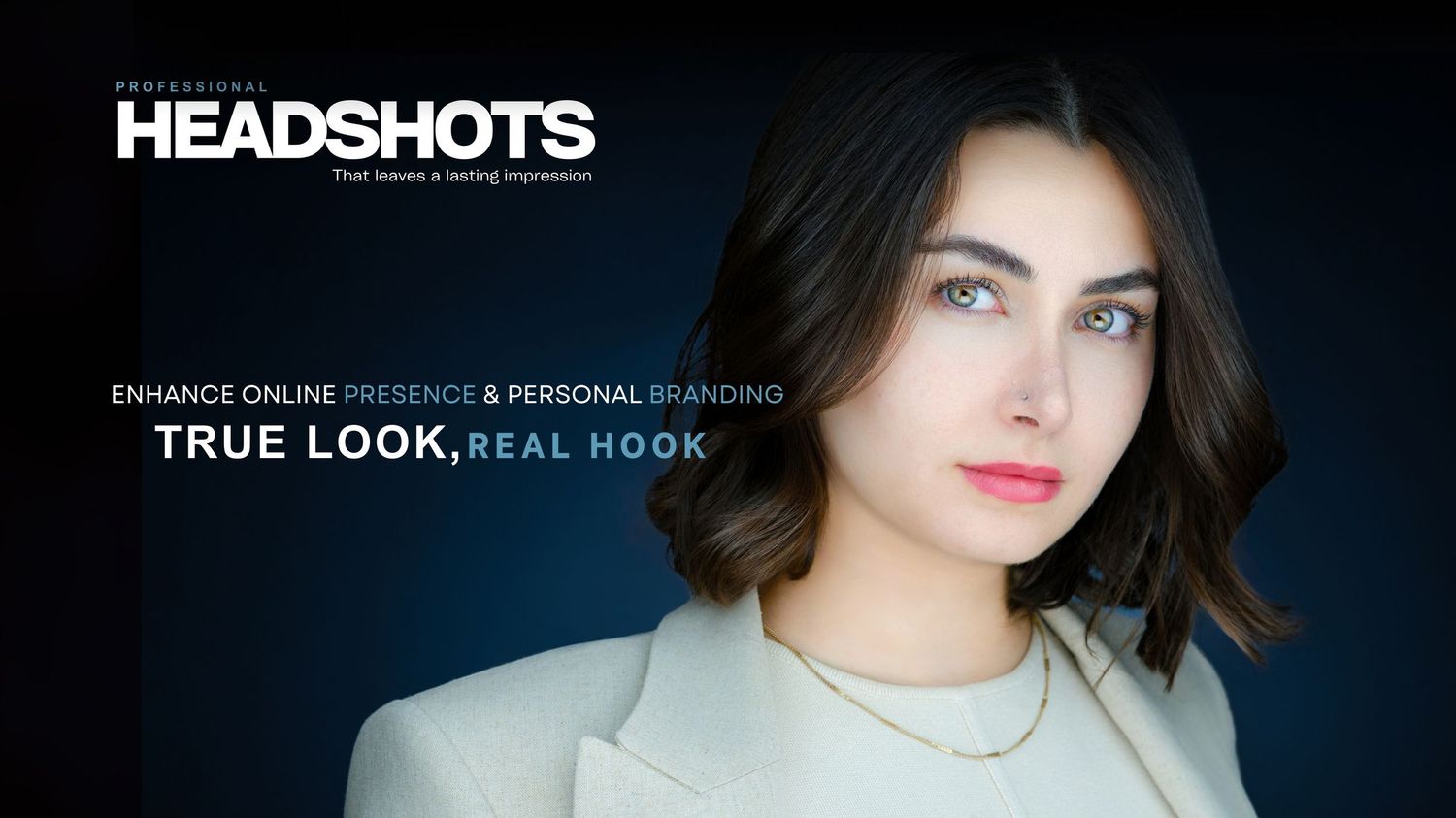 Professional headshot advertisement for a woman with dark hair in a white blazer promoting personal branding.