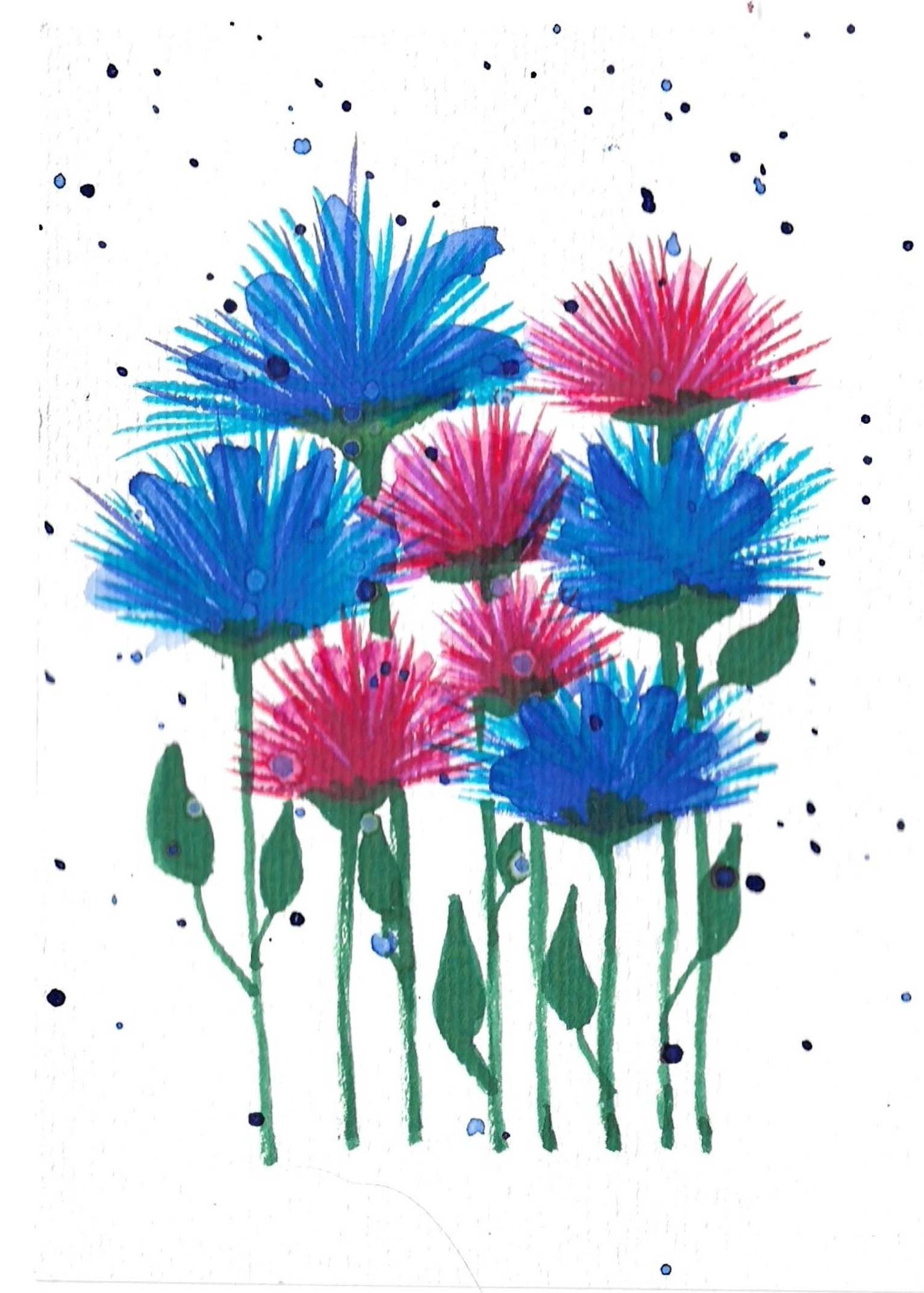 Progressive watercolor painting showing pink and blue spiky flowers growing taller.