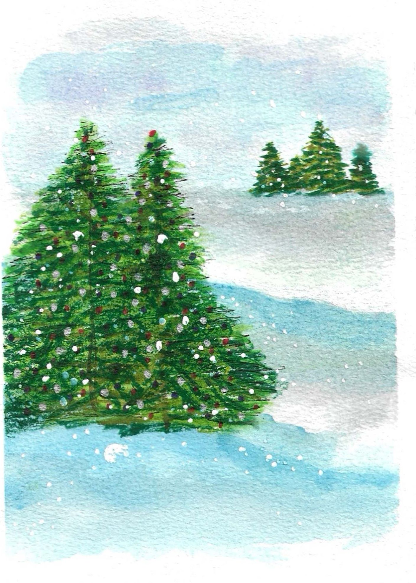 Watercolor winter scene with snow-covered evergreen trees against a blue sky.