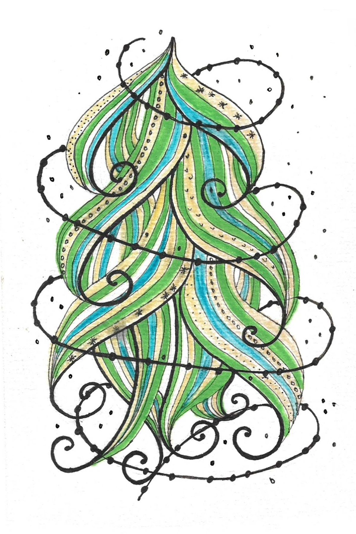 Abstract green Christmas tree design with swirling patterns and decorative black flourishes.
