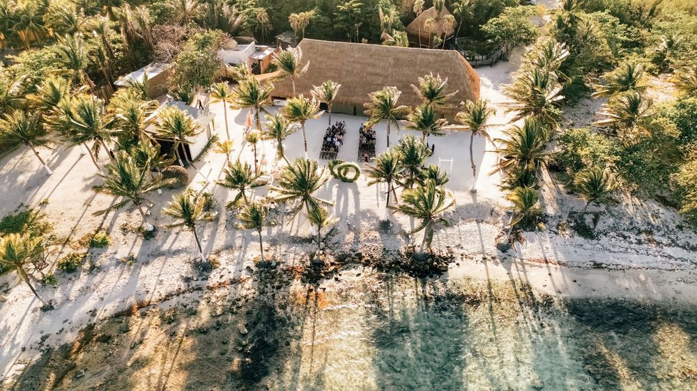 Aerial view of tropical beach wedding venue with palm trees and white sand, Blue Venado, Mango Weddings.