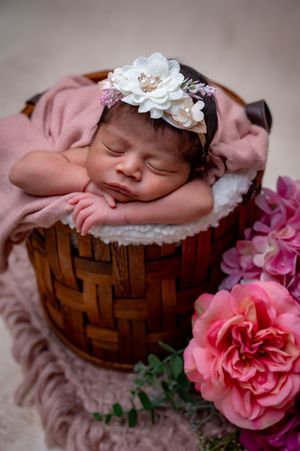 Sleeping newborn in woven basket surrounded by pink roses and soft fabrics.