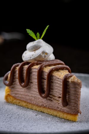 Chocolate mousse cake slice with drizzle and mint garnish on dark background.