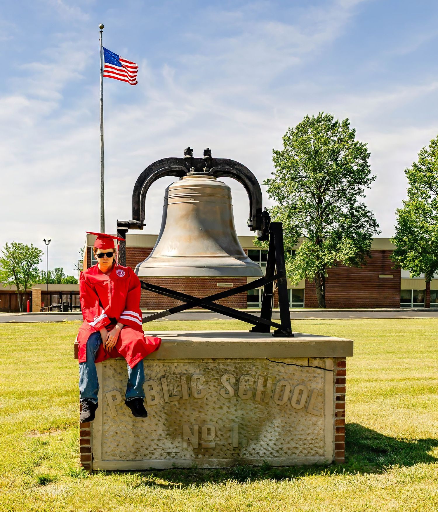 A graduate in red regalia sits on a large school bell monument with an American flag in the background.