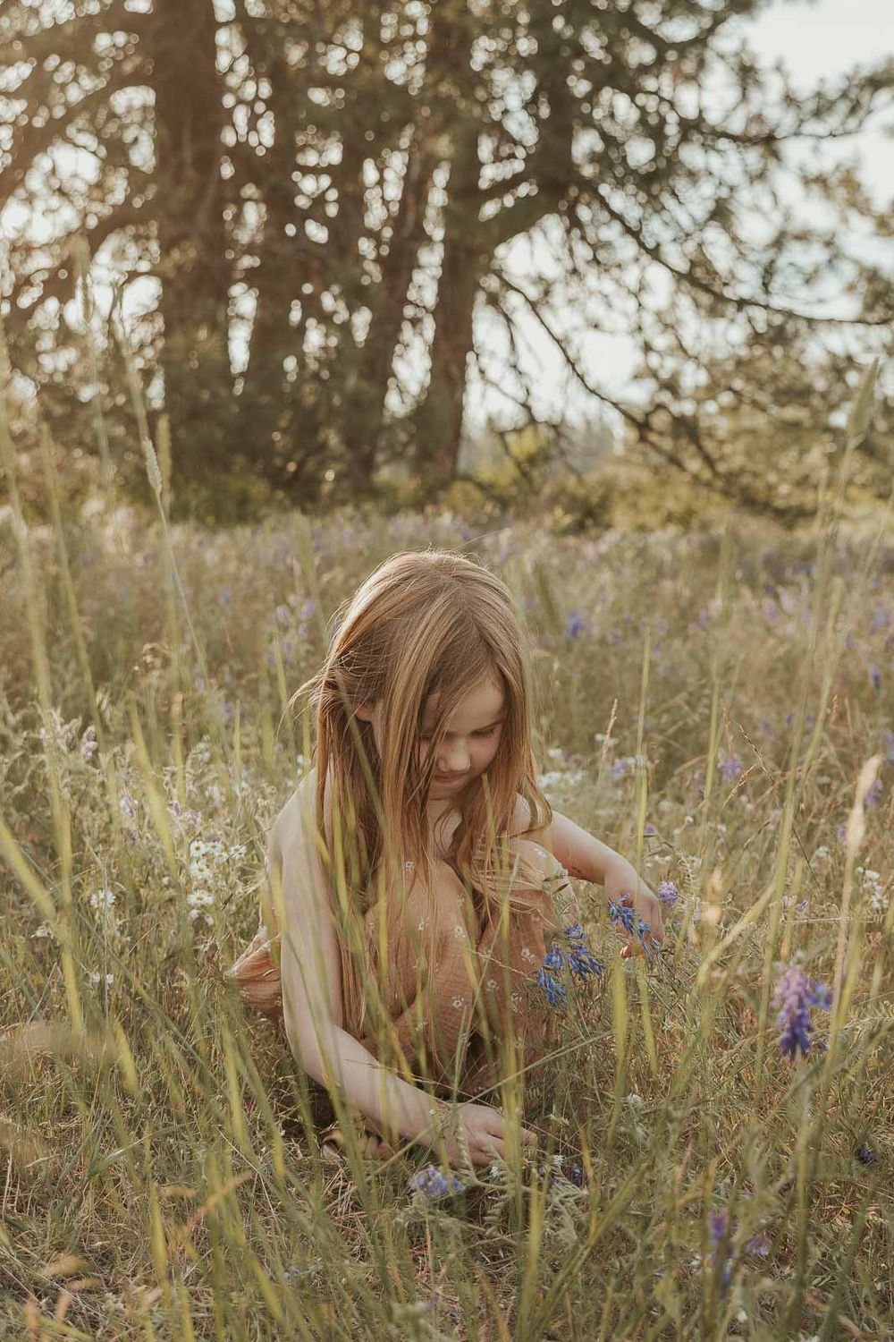 little red haired girl in picking flowers in flower field at golden hour with a spokane family photographer