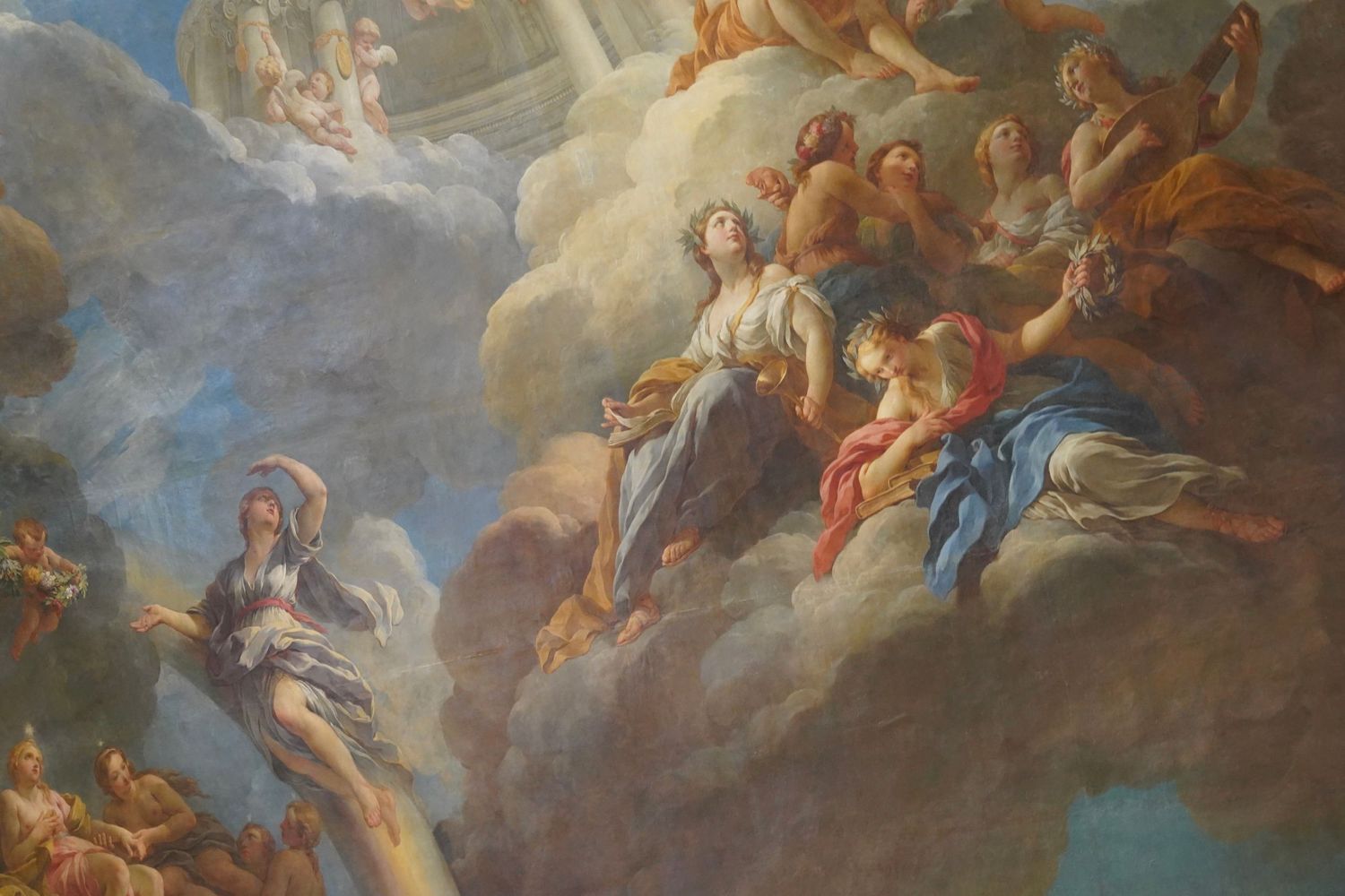 Classical religious painting depicting heavenly figures gathered on clouds in dramatic scene.