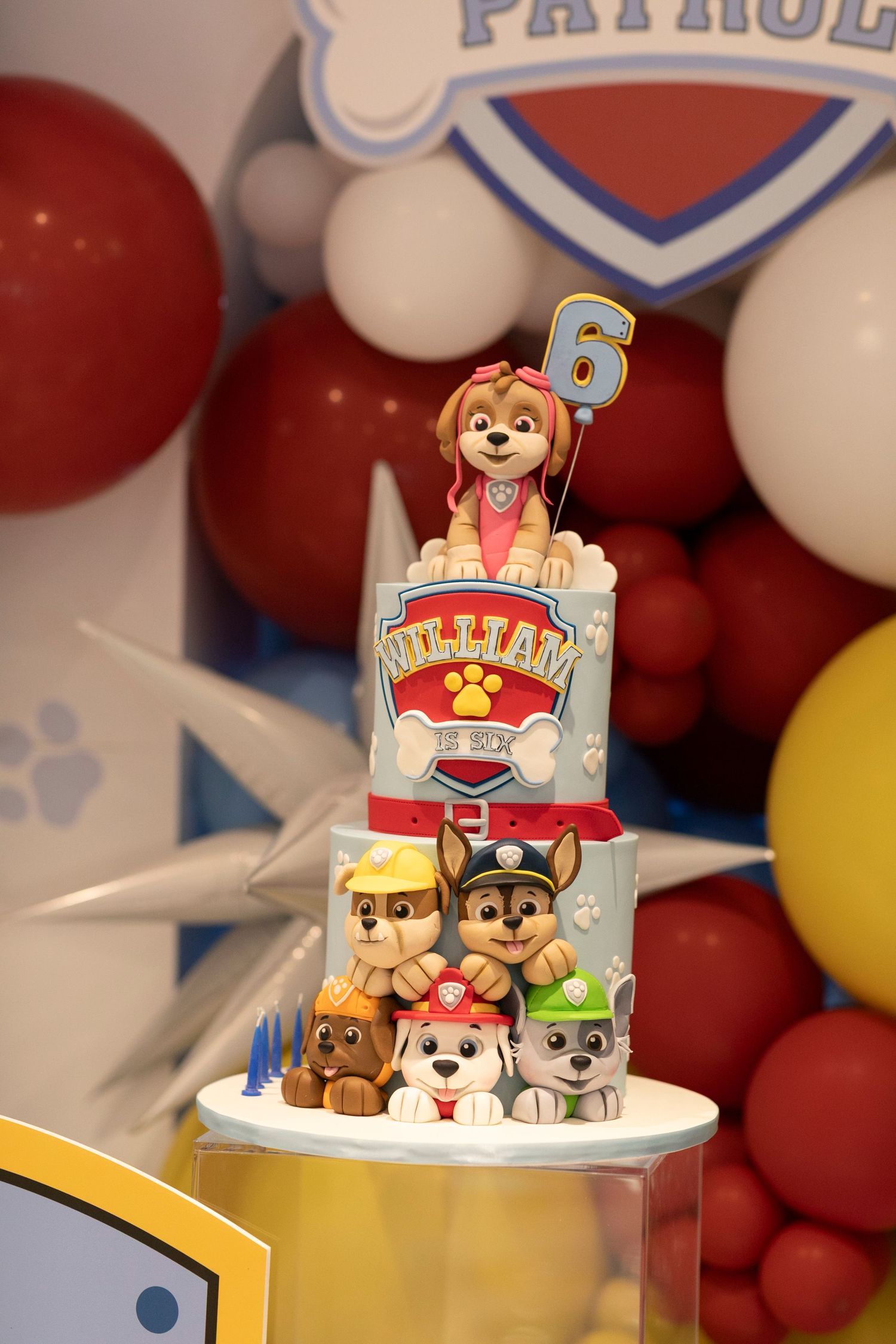 Paw Patrol themed birthday cake topper with cartoon dog characters and number 6 displayed against red and white balloon backdrop.