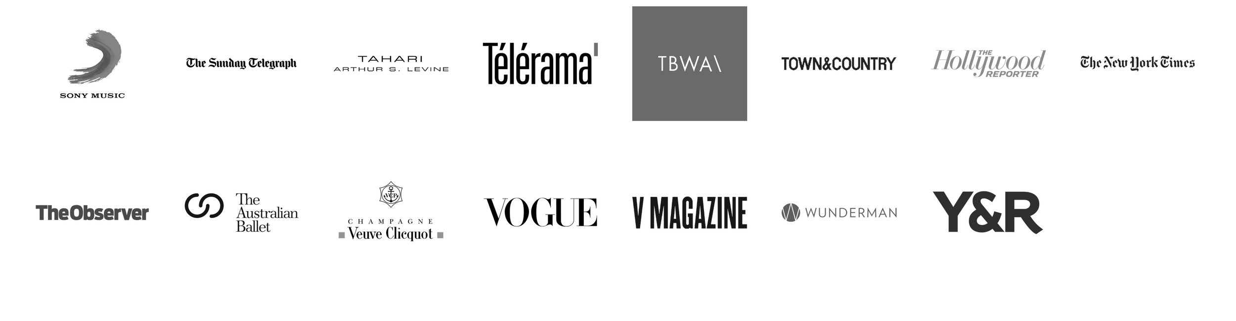 Media and fashion publication logos including Vogue and The Hollywood Reporter in grayscale.