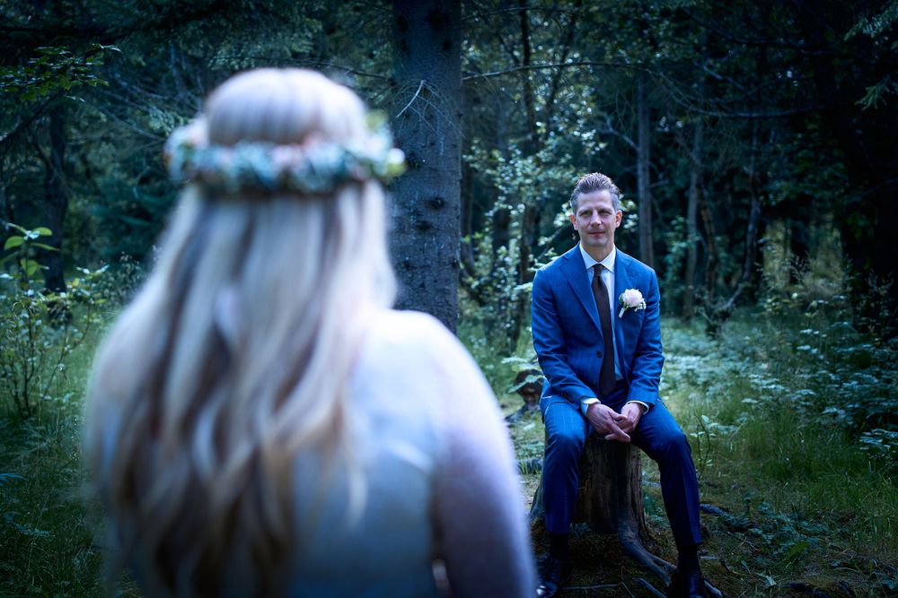 A romantic forest wedding scene with couple surrounded by evergreen trees.