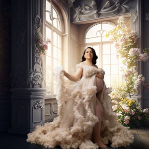 Dramatic bridal portrait in flowing gown with sunlit windows and floral arrangements.
