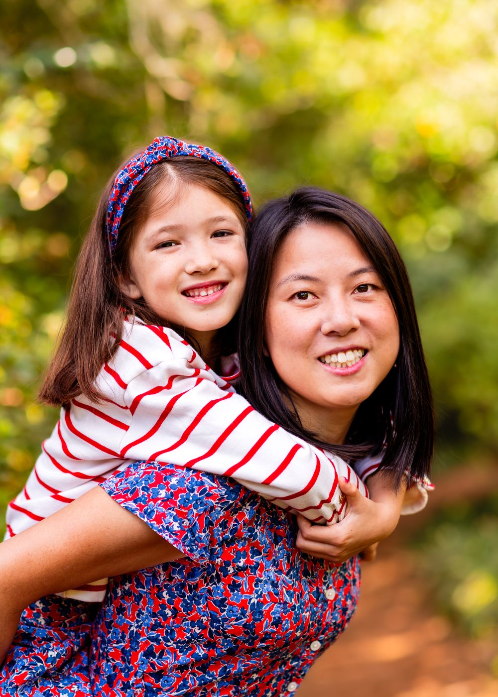 A heartwarming series of candid outdoor portraits showing joyful embraces and genuine smiles in a natural setting.