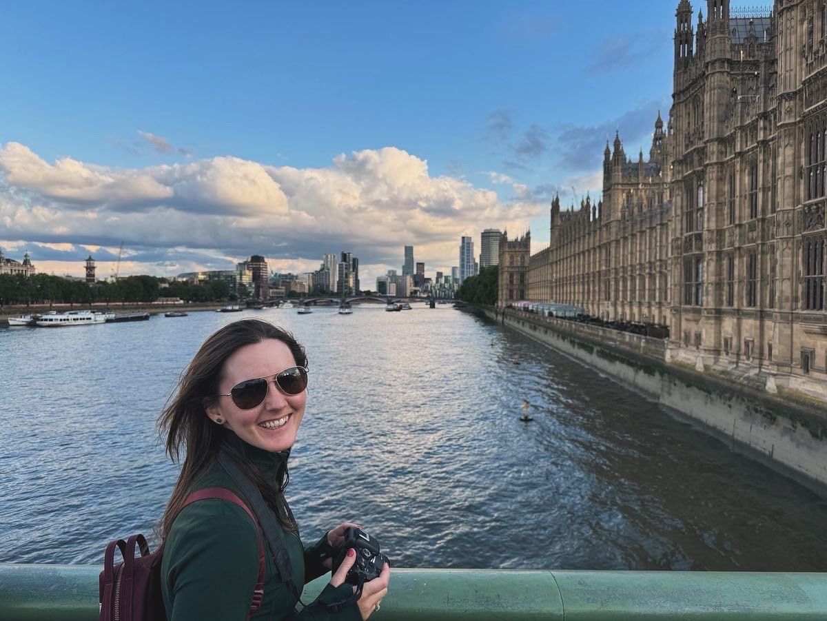 Scenic views of London's Houses of Parliament and Thames River at sunset.