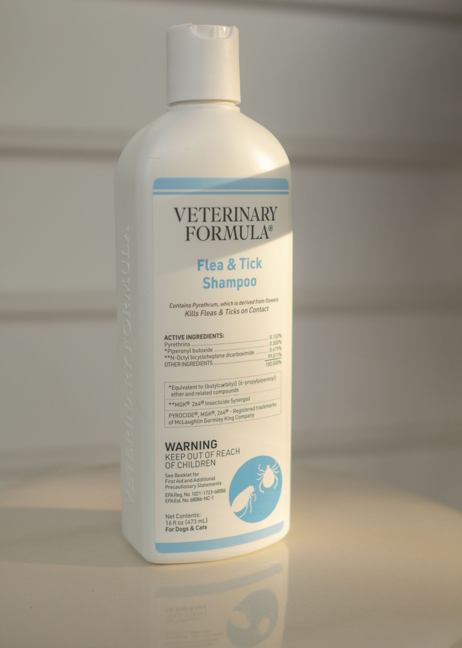 A bottle of Veterinary Formula Flee and Tick Shampoo