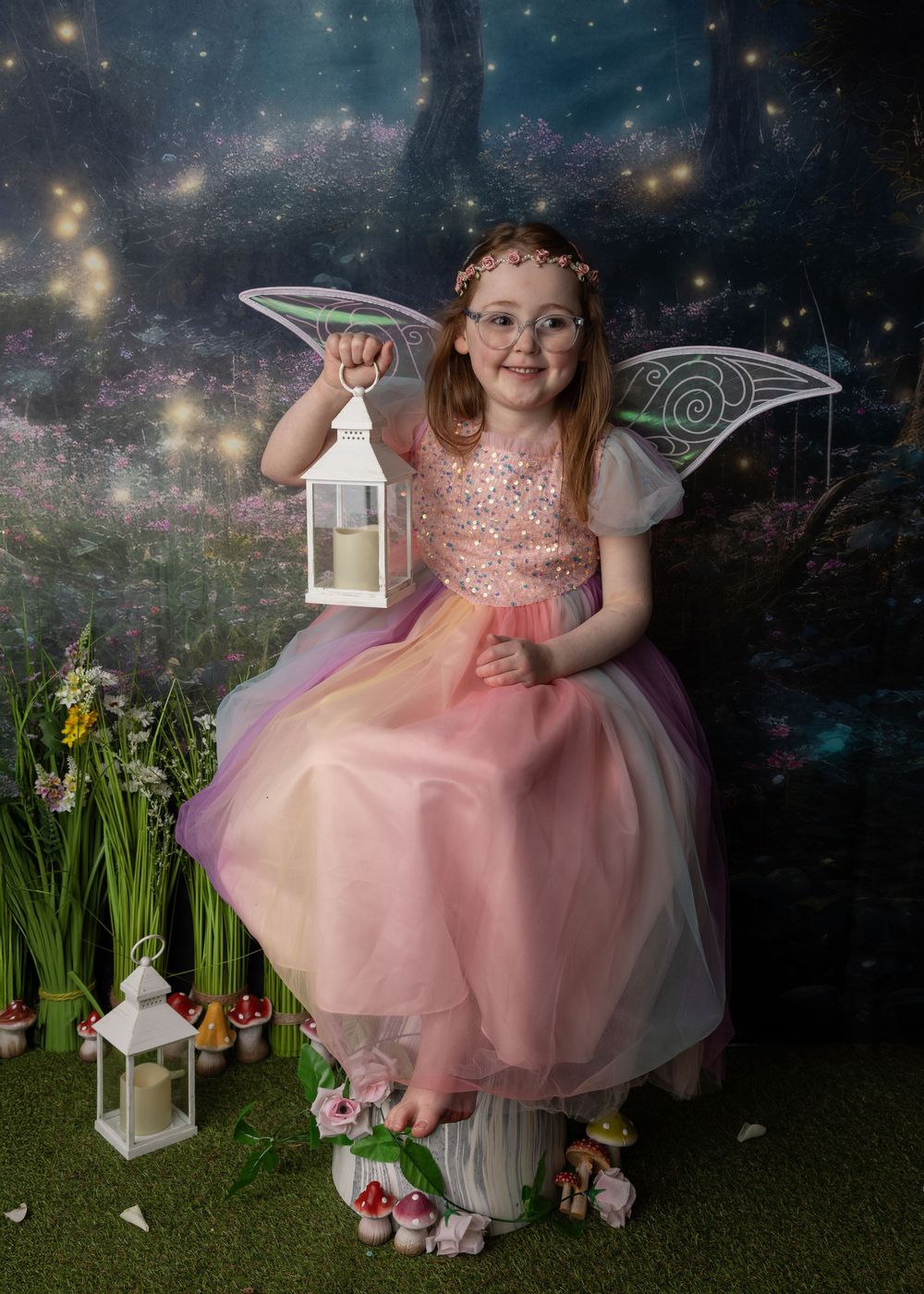 Enchanting fairy portrait with lantern in sparkly pink dress against magical nighttime forest backdrop with glowing lights and flowers.