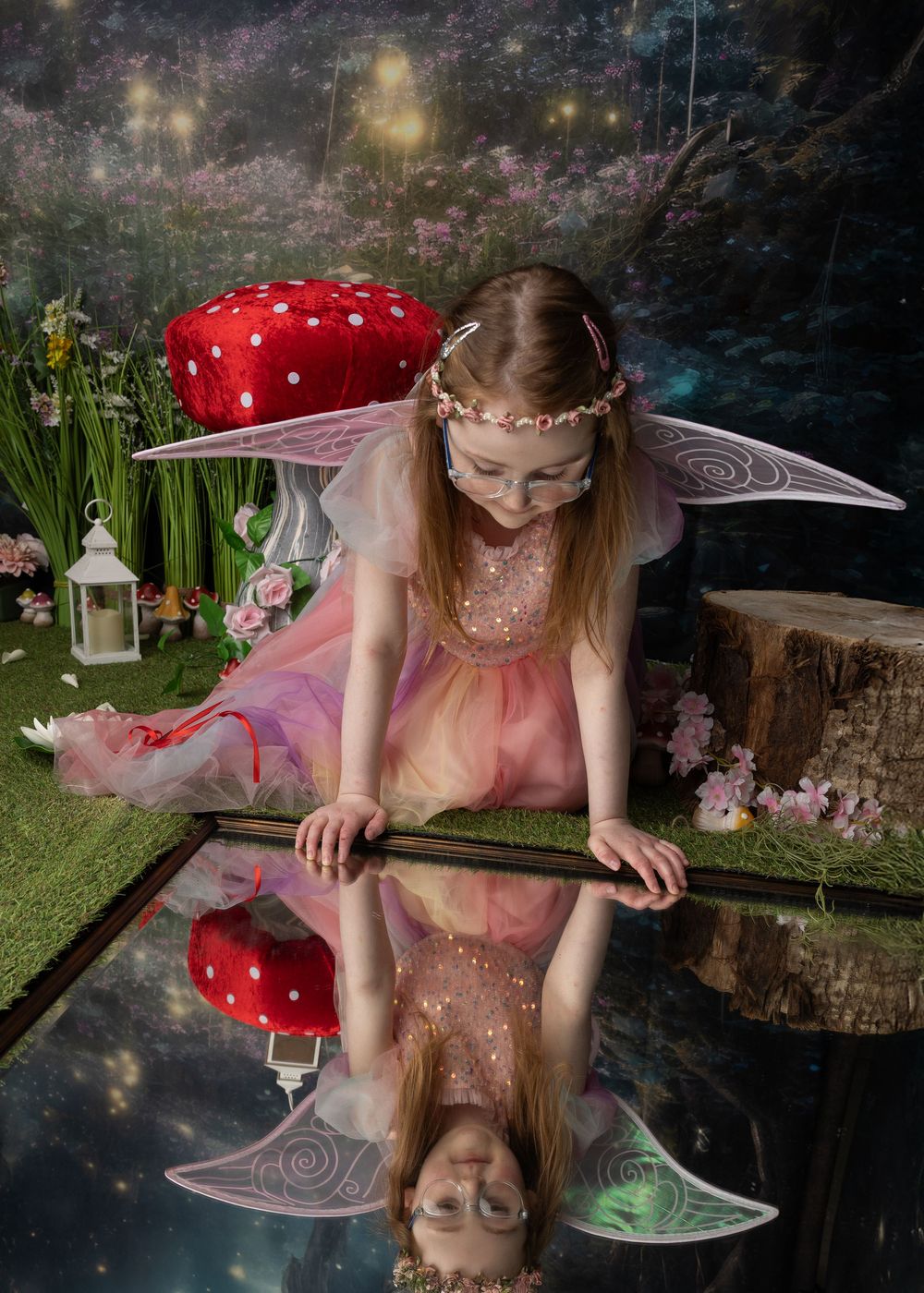 A magical woodland fairy scene with a large red mushroom, sparkling lights, and reflections in a dark pool of water.