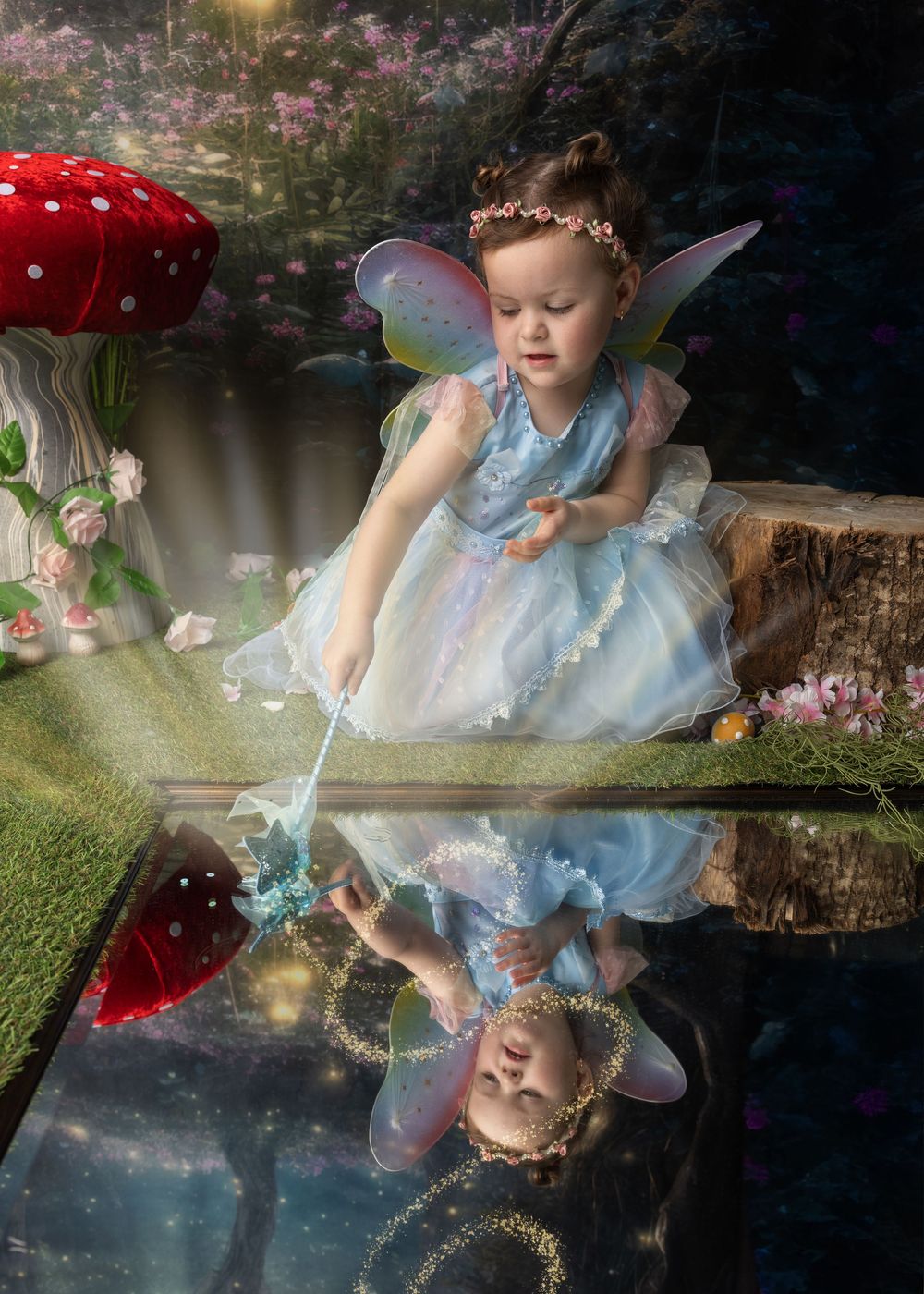 Enchanting fairy garden scene with glowing toadstools and reflective pond showing a magical woodland setting in ethereal light.