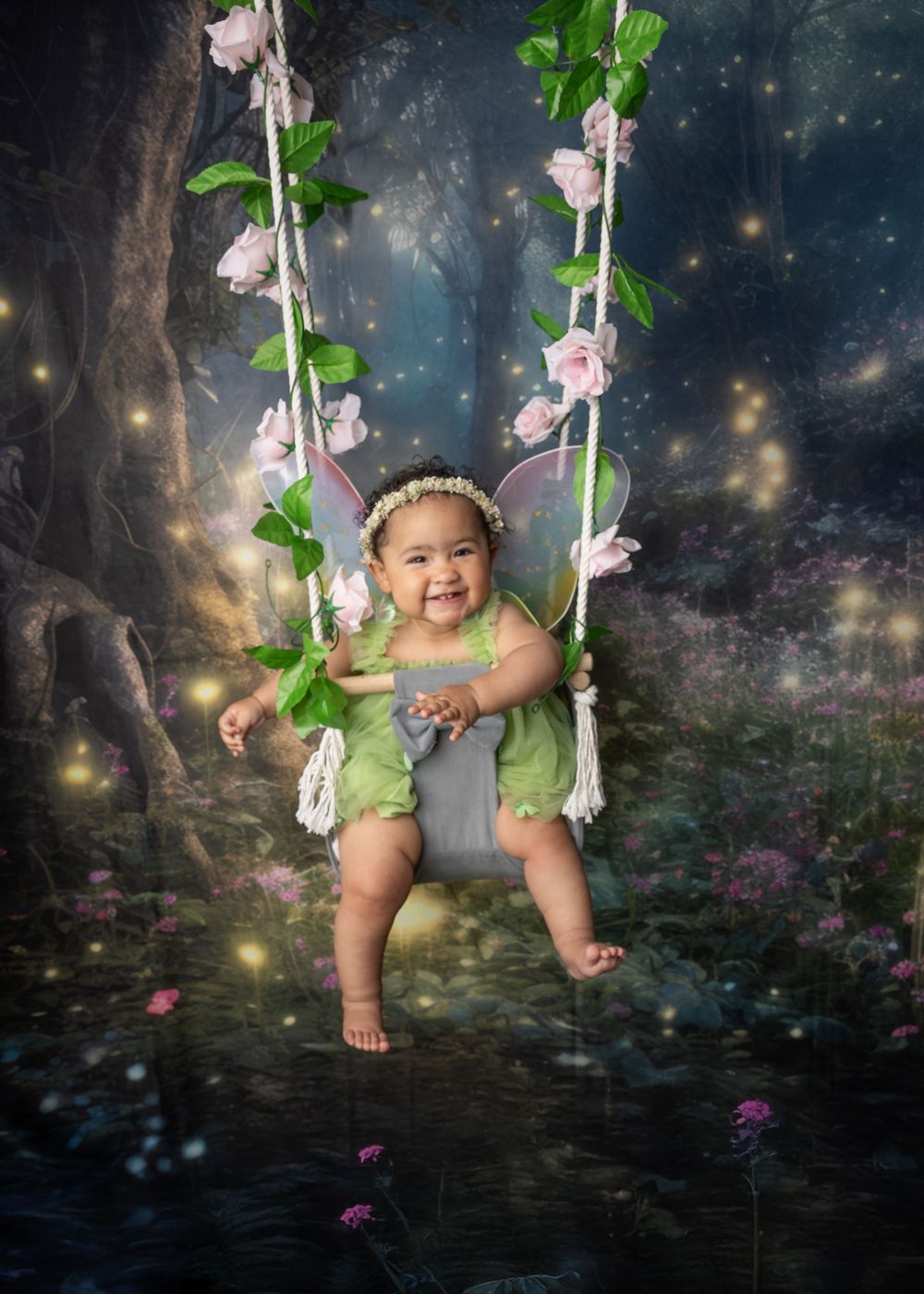 Whimsical fairy-themed portrait in an enchanted forest setting with a magical swing adorned with pink flowers and sparkling lights.