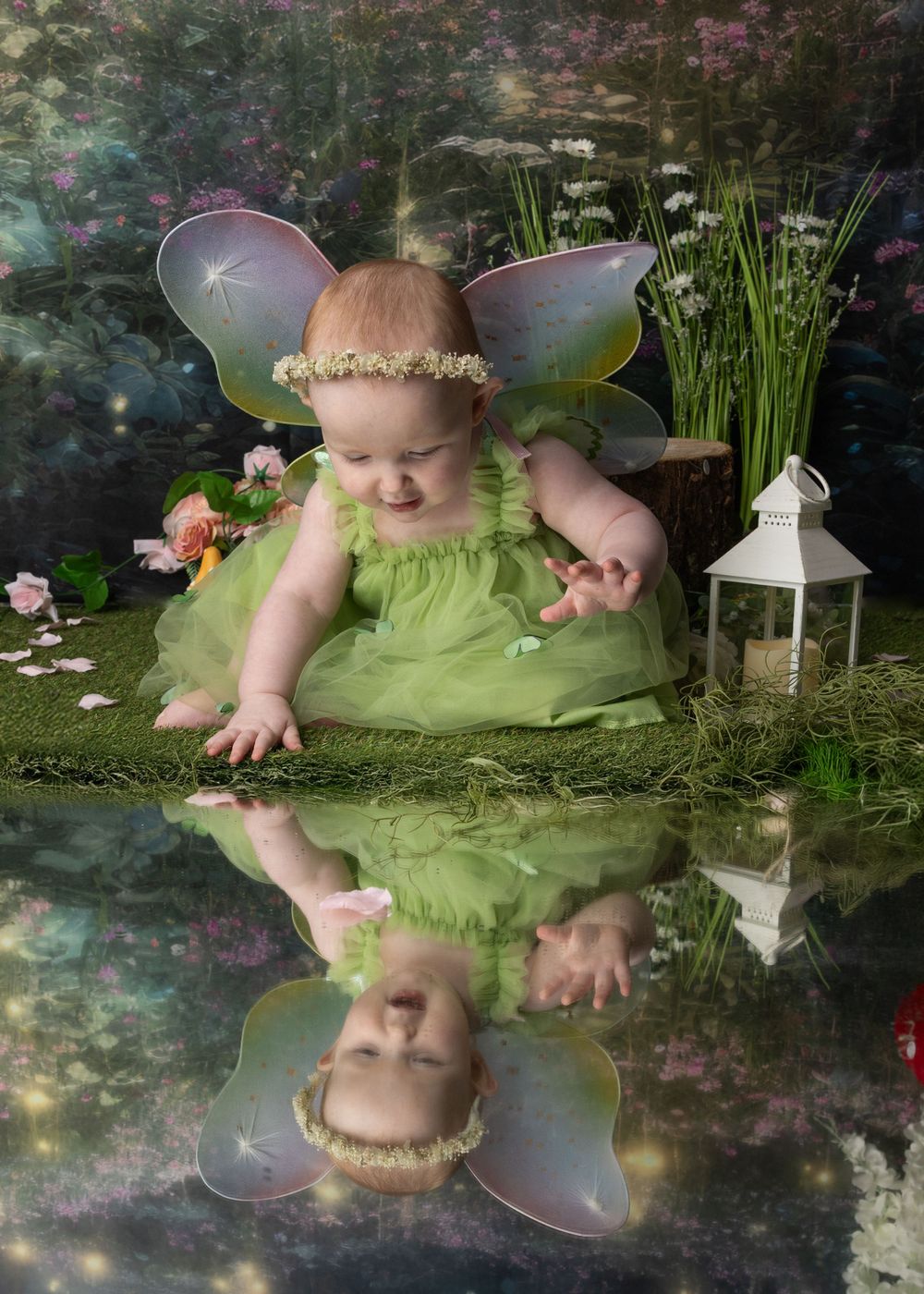 Magical garden scene with fairy wings and reflection in pond against mystical background.