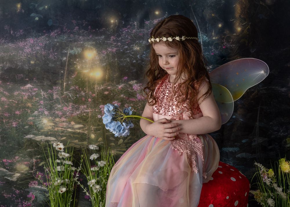 Enchanting fairy garden scene with butterfly, mushroom and sparkly night sky background.