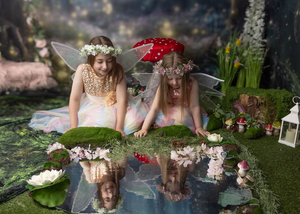 Three reflective portraits of people in a pond with lily pads and flowers creating a dreamy garden scene.