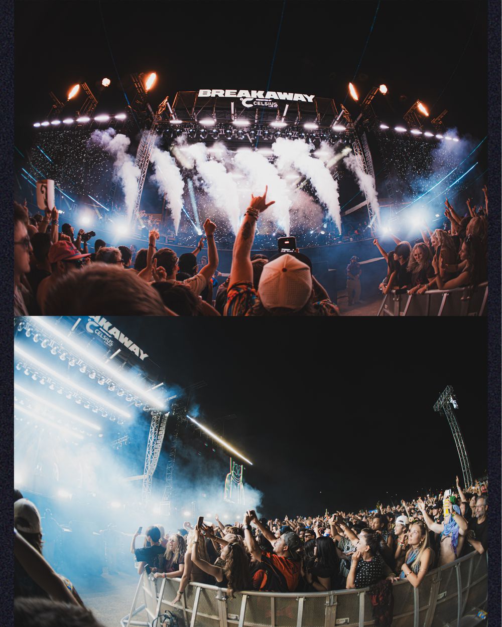 Breakaway Music Festival crowd cheering under colorful stage lights and smoke effects at an outdoor concert venue at night.