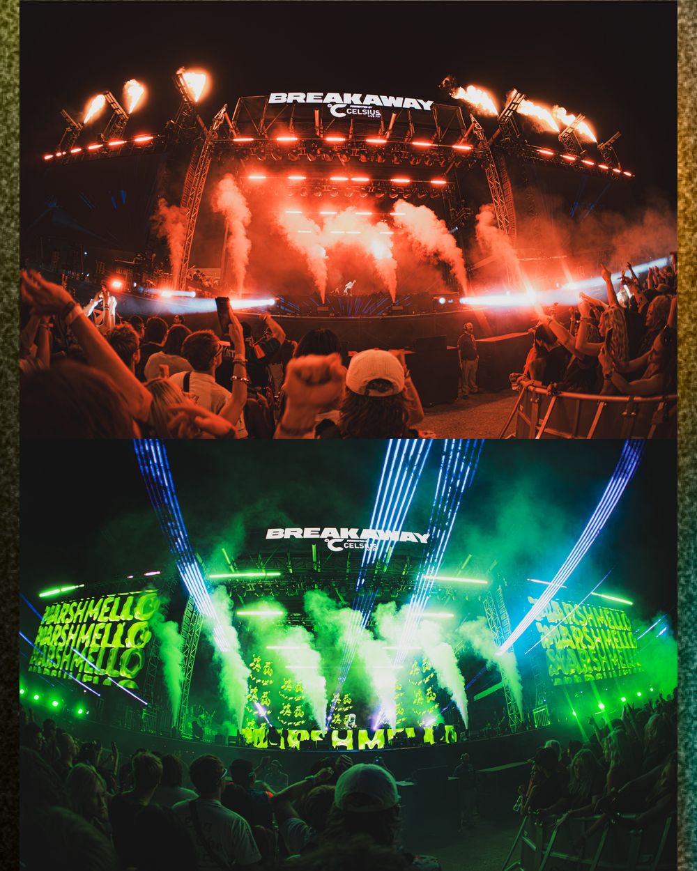 Two Breakaway Festival concert stages with dramatic red and green lighting, pyrotechnics, and large crowds of festival-goers.