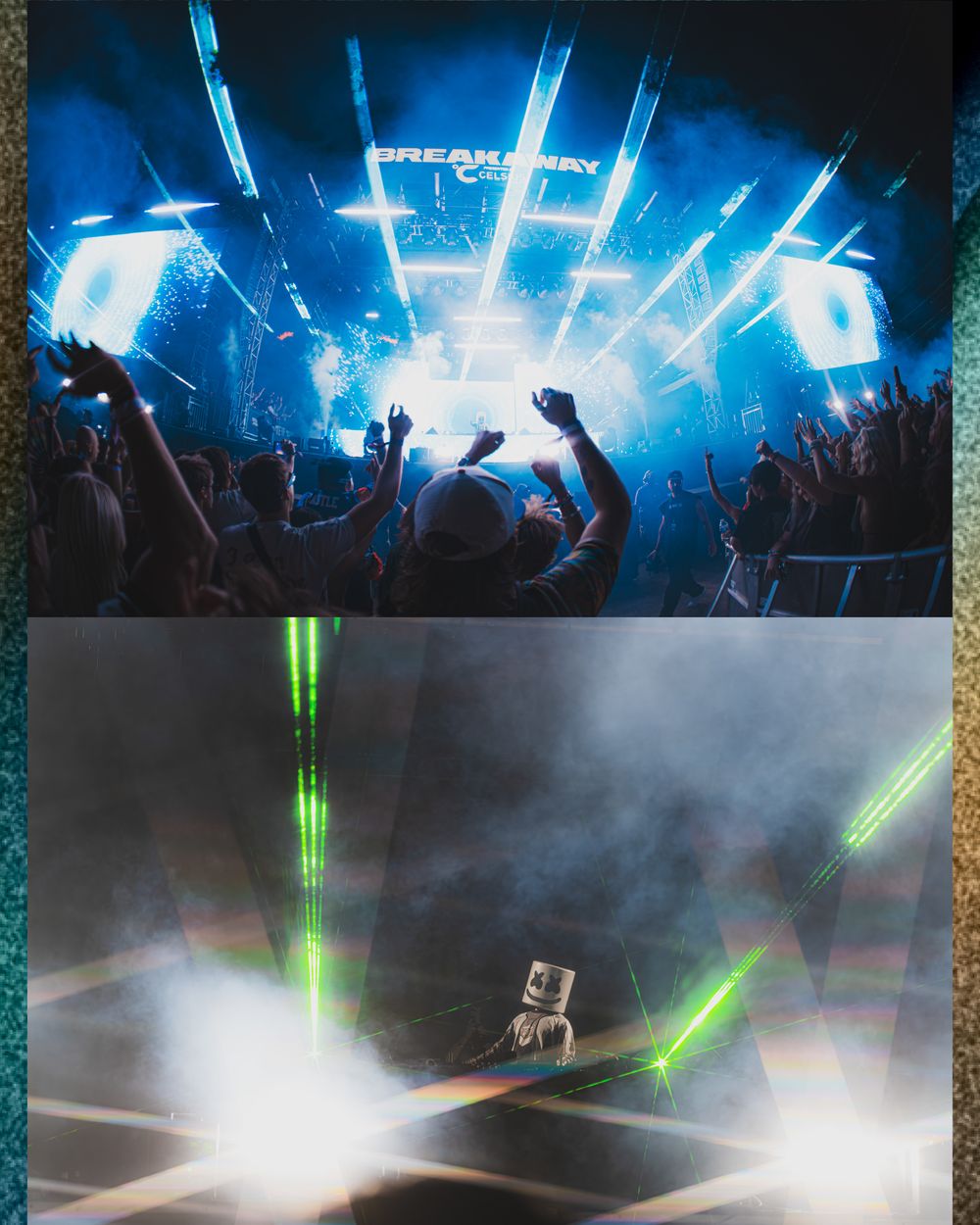 Two concert photos showing a packed crowd under blue lights and a masked DJ performing with green laser beams on stage.