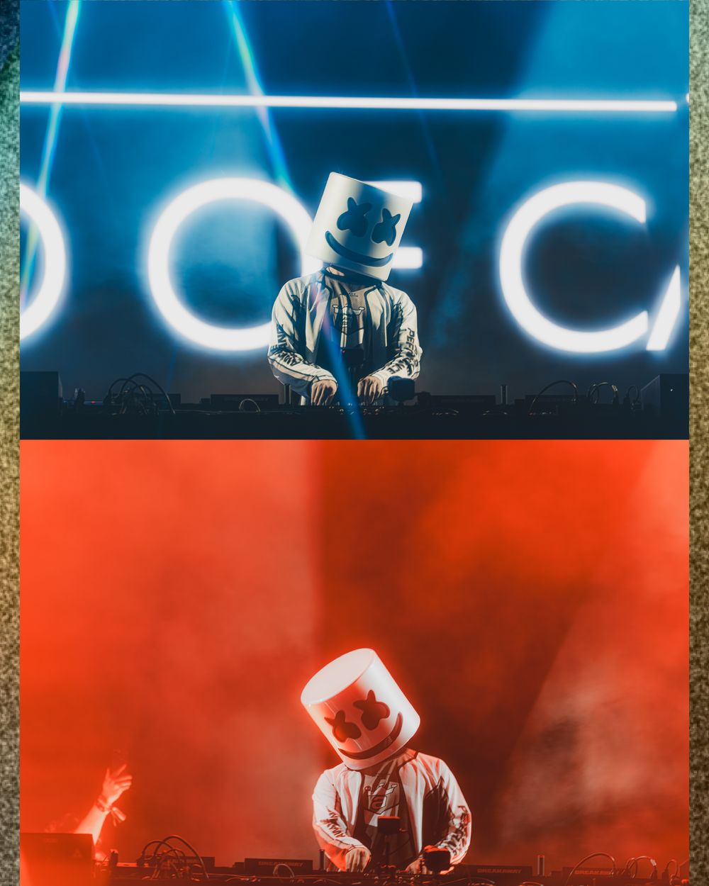 DJ Marshmello performing at two different concerts, one with blue neon lights and one with red stage lighting.