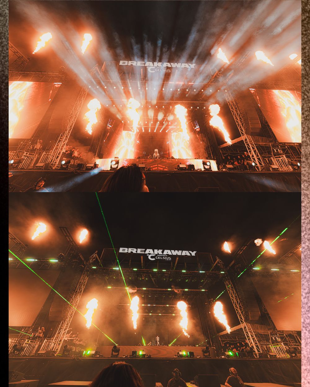 Two photos of Breakaway Music Festival stage with pyrotechnics, flames, and laser lights illuminating a massive outdoor concert crowd.