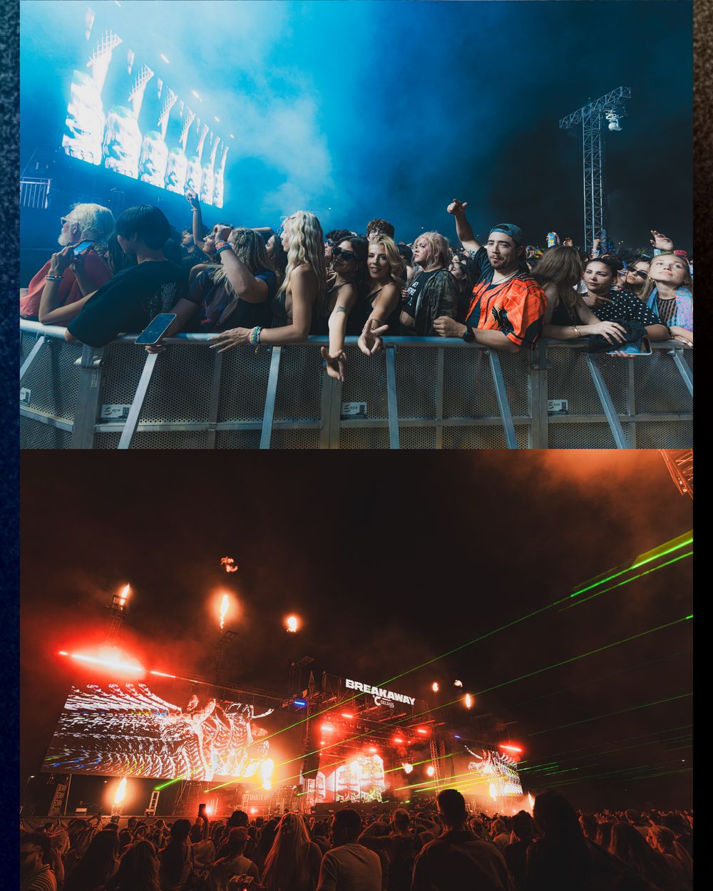 Excited festival crowd at a barrier with pyrotechnics and a vibrant outdoor stage lit by colorful lights at night.