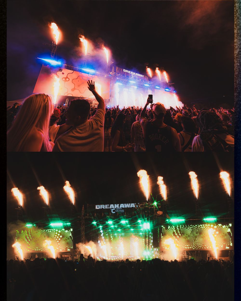 Two-panel collage of Breakaway Music Festival night concert with pyrotechnics, colorful stage lights, and large crowd.