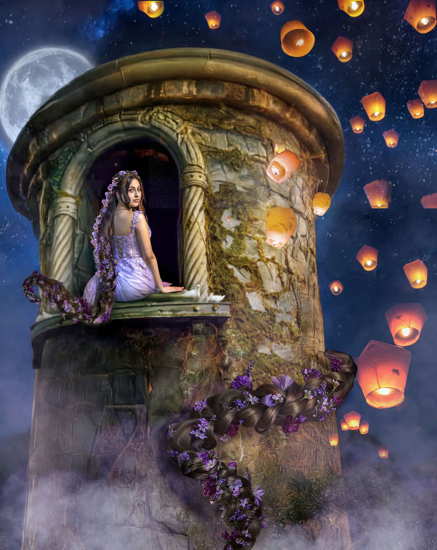 Magical nighttime scene with glowing paper lanterns floating above a stone balcony with purple flowers.