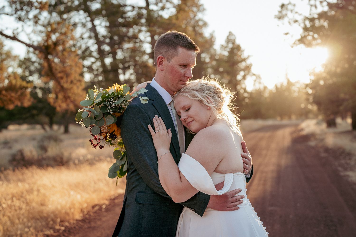 Romantic interracial wedding couple at golden hour in the PNW.