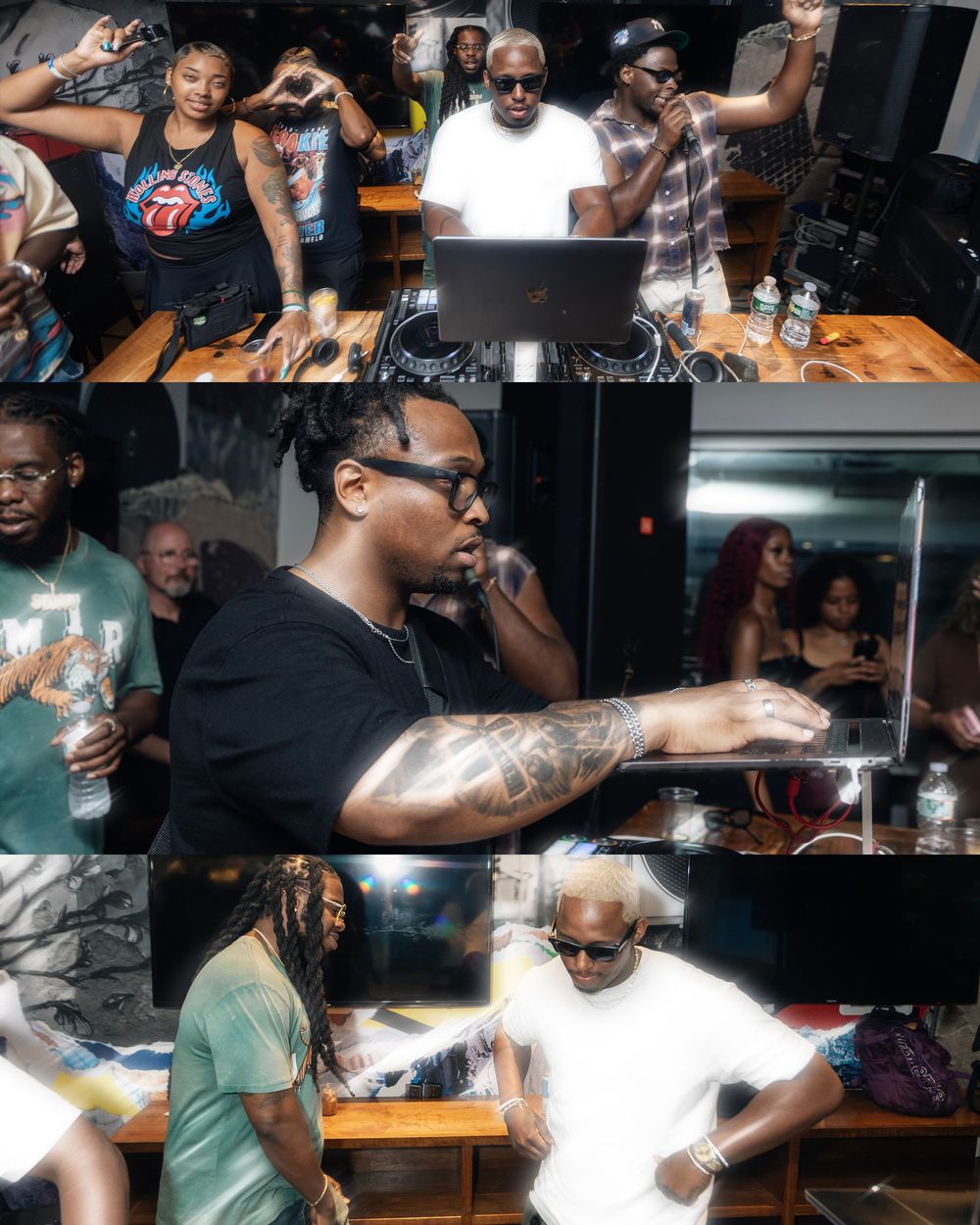 Collage of people enjoying a lively DJ party event with music, drinks, and dancing in a dimly lit venue.