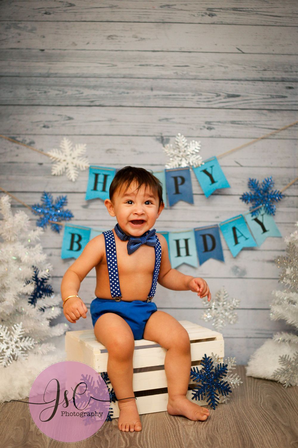 Winter themed first birthday setup with blue banners and snowflakes on rustic wooden backdrop.
