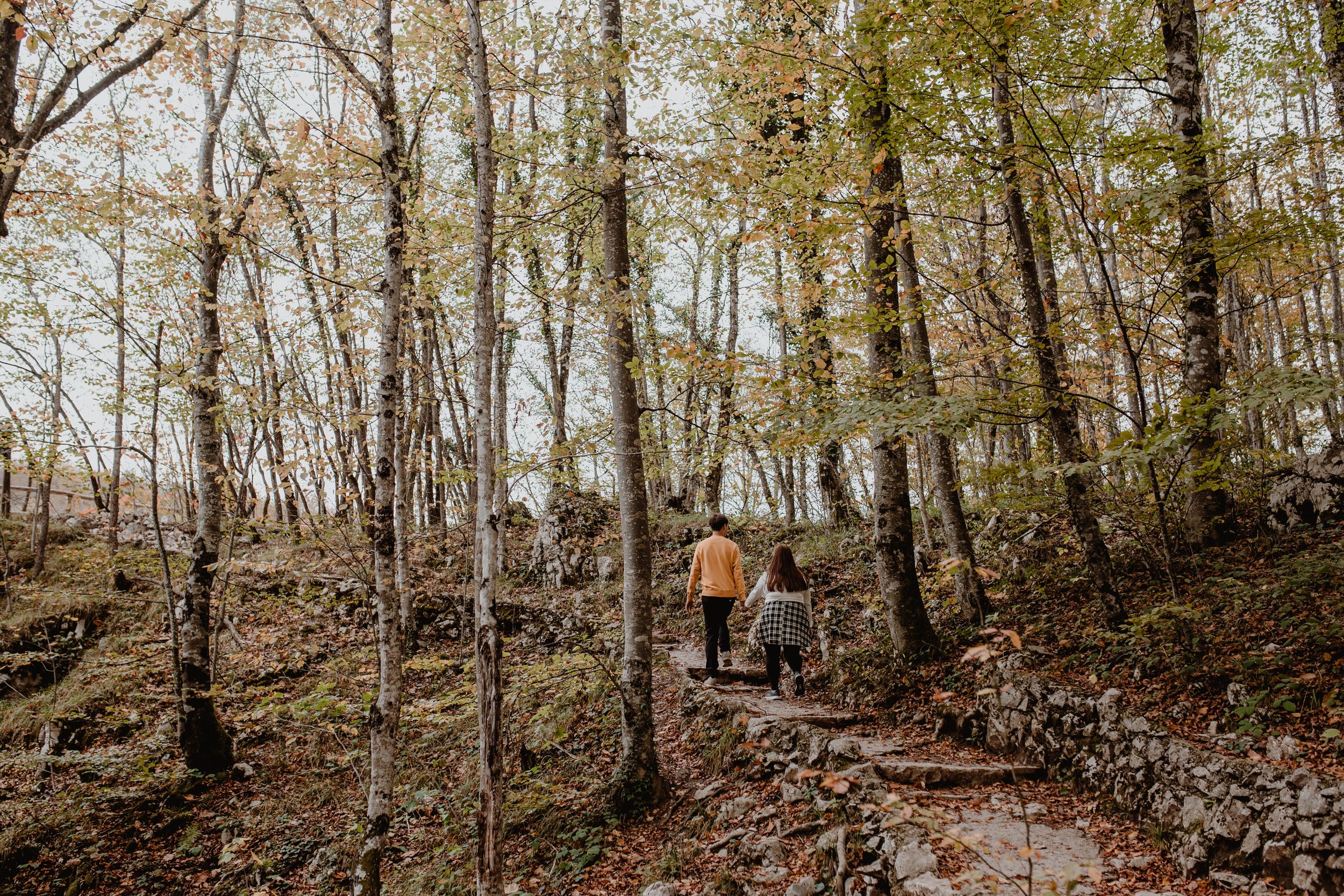 Wide shot of the couple from behind, walking hand-in-hand through the vibrant autumn forest at Plitvice National Park.