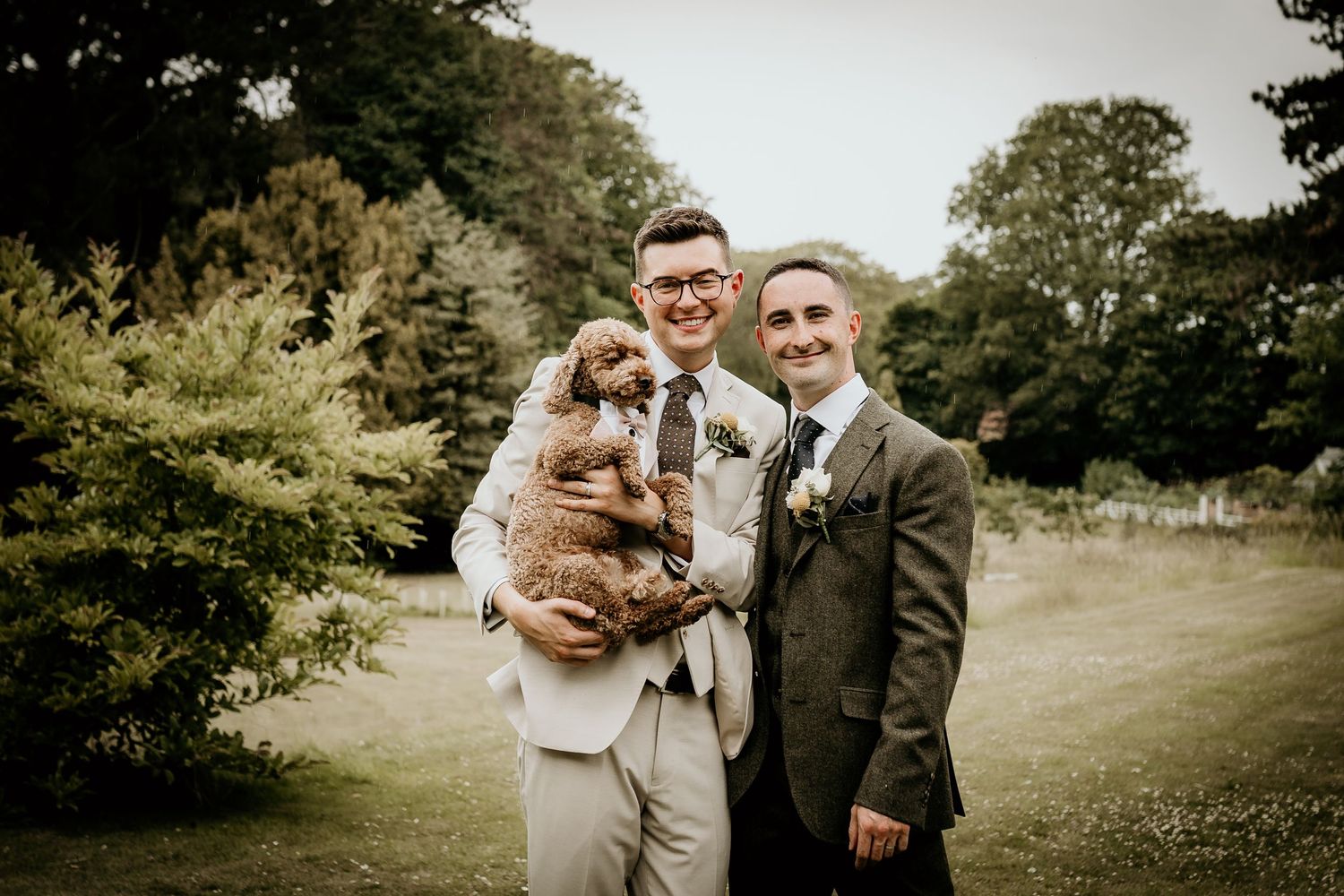 A series of outdoor wedding photographs showing tender moments between couples in a natural garden setting.