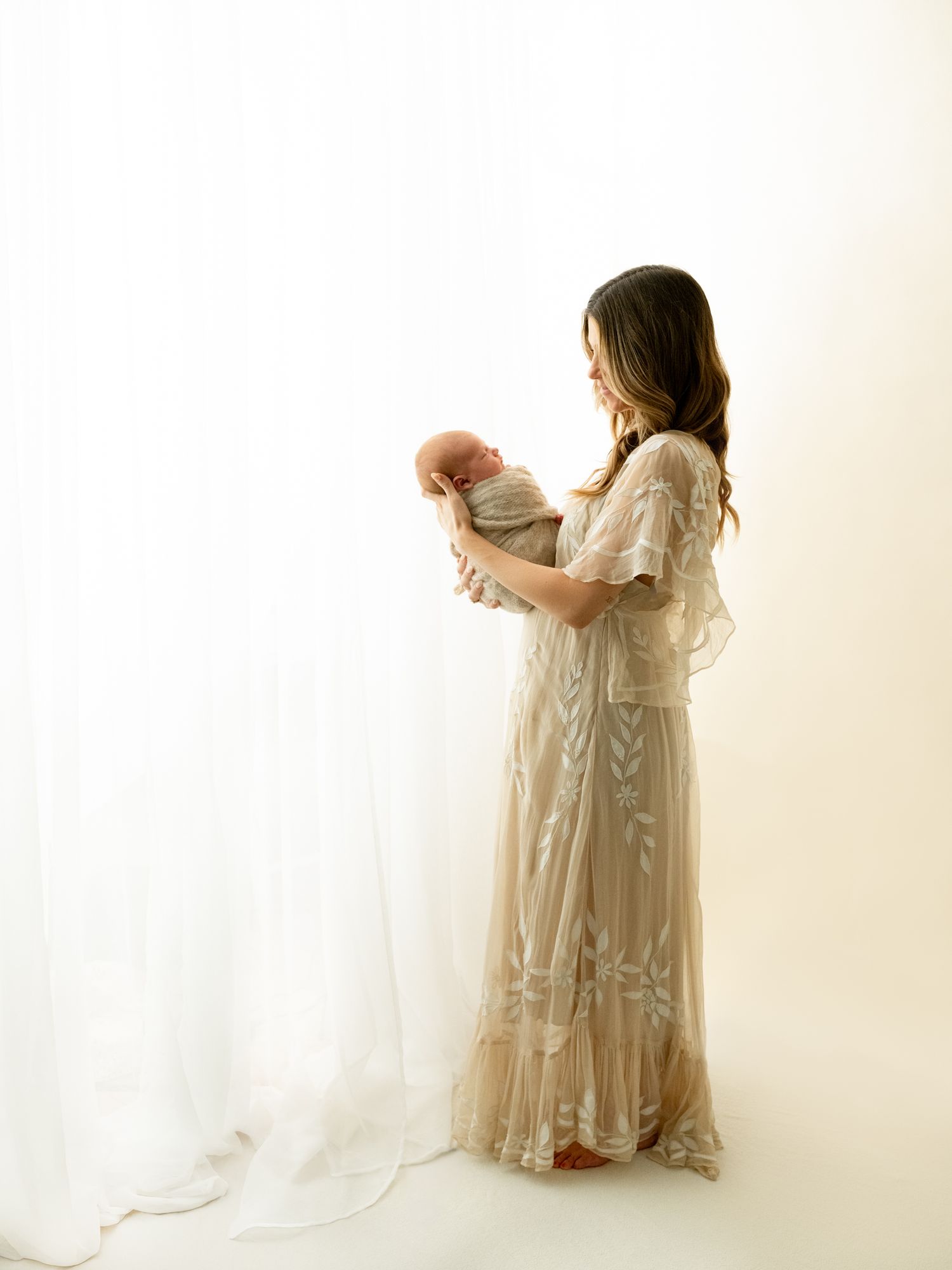 A person in a vintage-style lace dress shown in a four-panel sequence moving against a white backdrop.