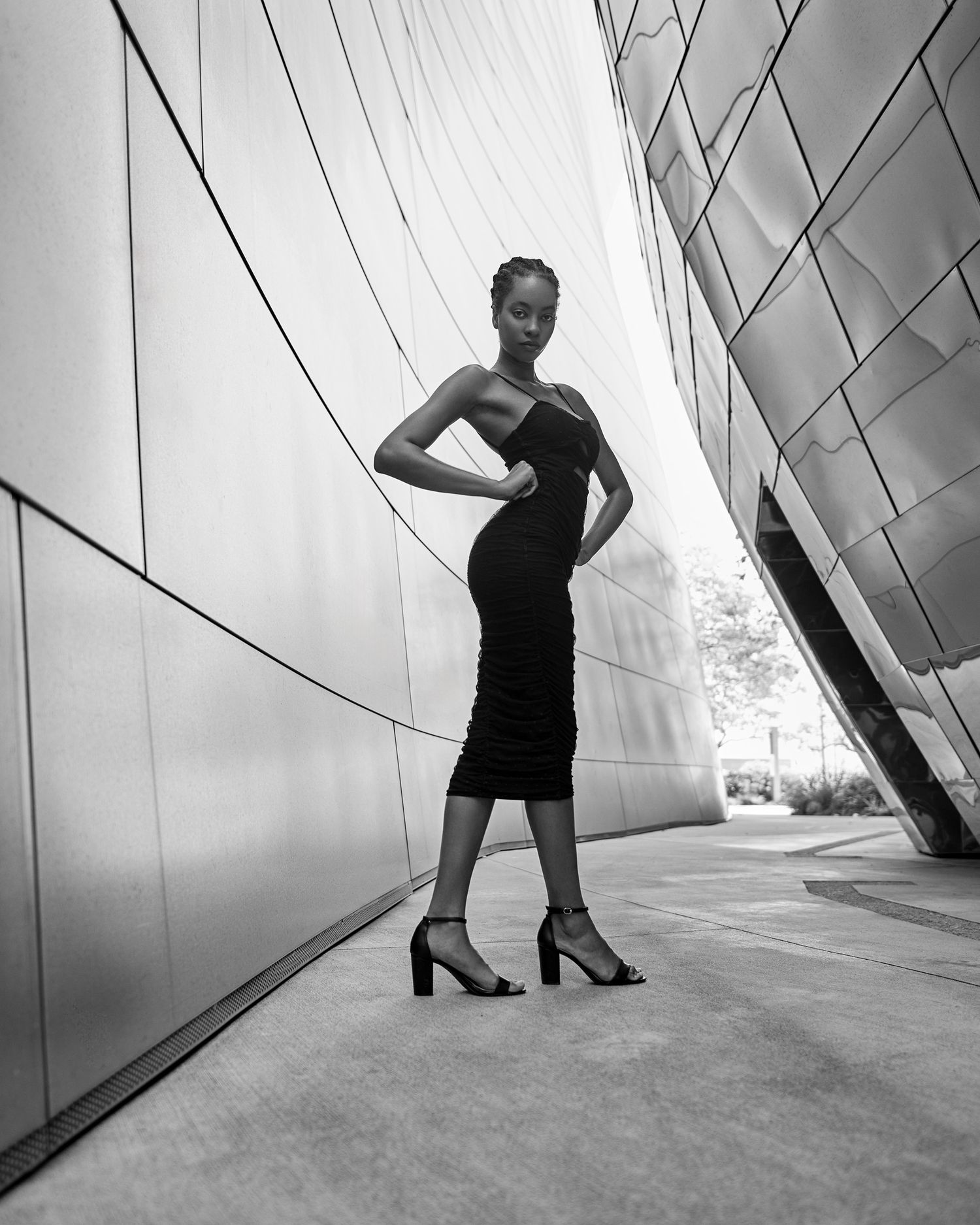 Dramatic black and white fashion photo taken at Disney Music Hall LA