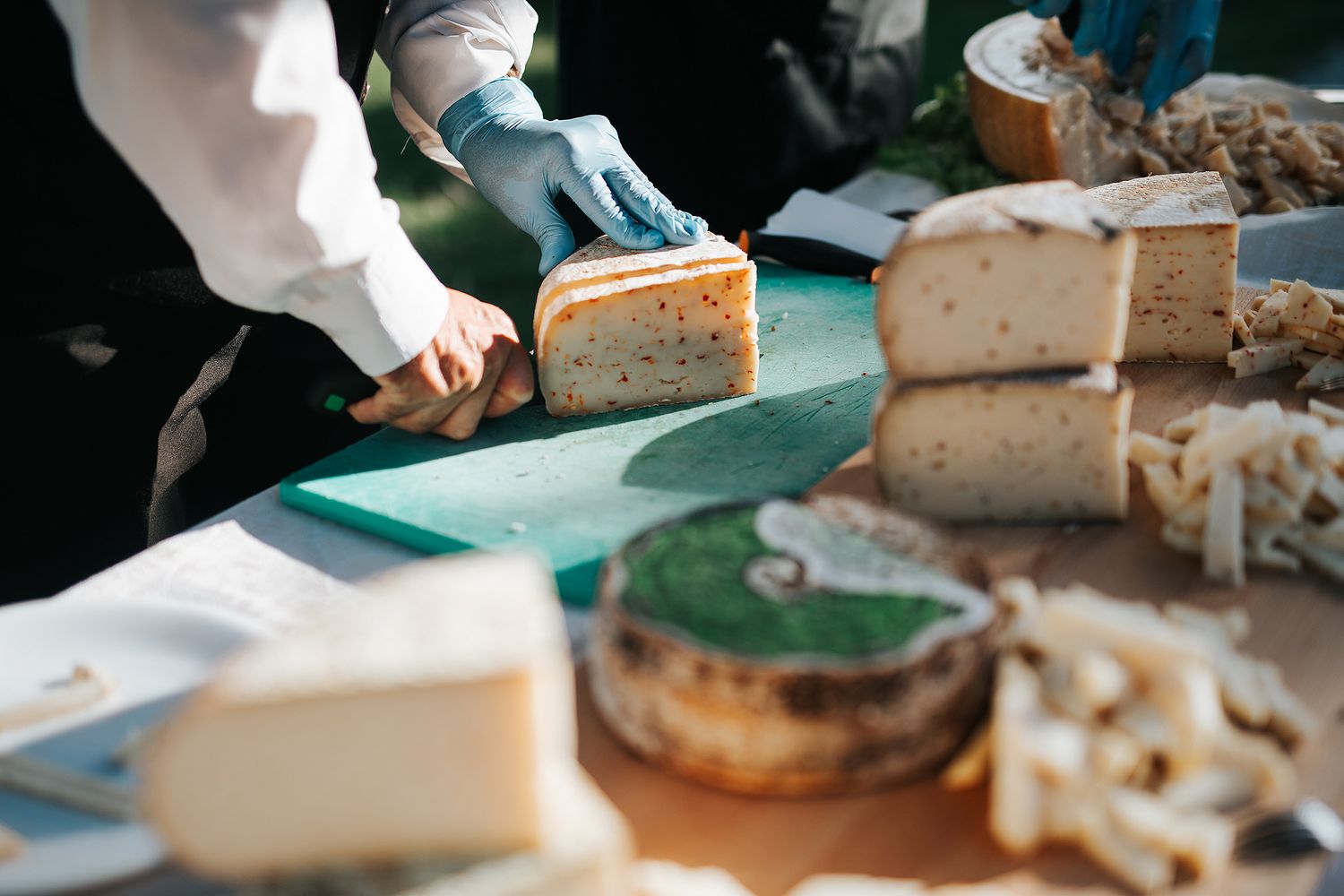A gloved hand cuts artisan cheese on a green board at an outdoor cheese tasting display.