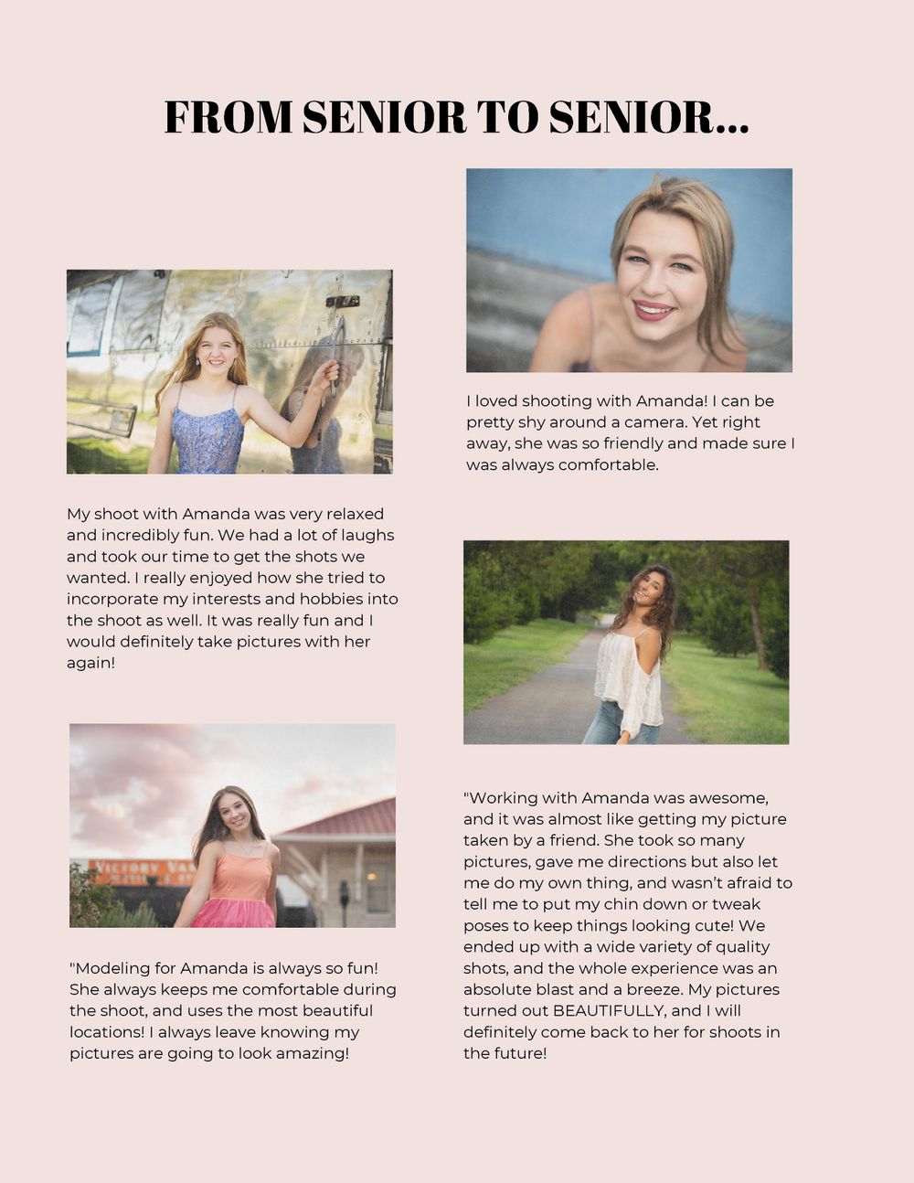 Testimonial page layout featuring senior portrait photography client reviews and images.