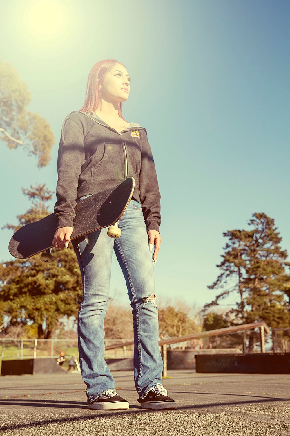 Lifestyle portrait of female skateboarder, atascadero california by photographer Linda Macchia at Black Box Images