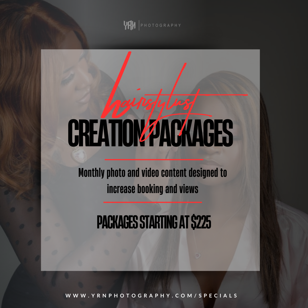 Dark promotional design for monthly content creation packages with red script accents.