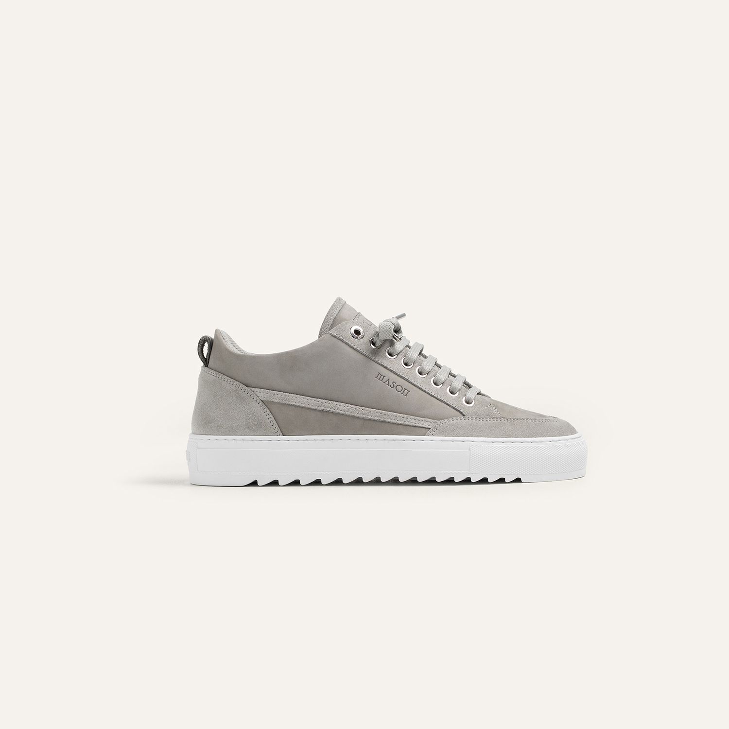 Gray suede sneaker with white platform sole shown in product views.